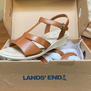 Genuine Leather Lands' End Comfort Wedge Sandals, Cognac Colored, NIB, Size 7.5